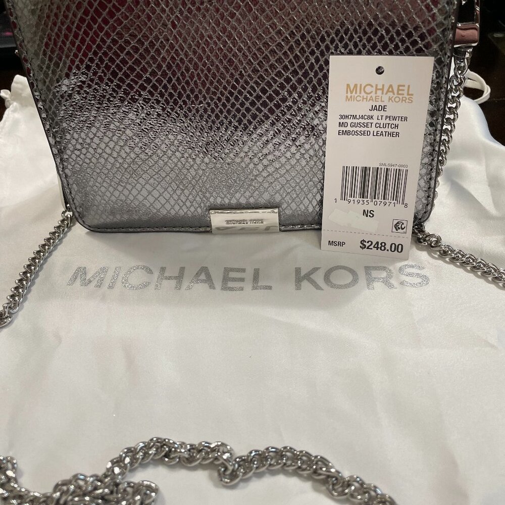 NWT $248 Michael Kors JADE Medium Gusset Embossed Leather Clutch Crossbody